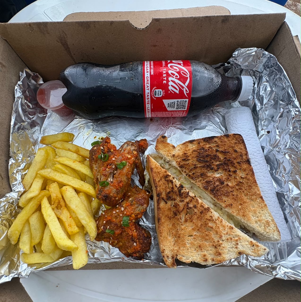 Sandwich Chicken Wings Chips and Coke