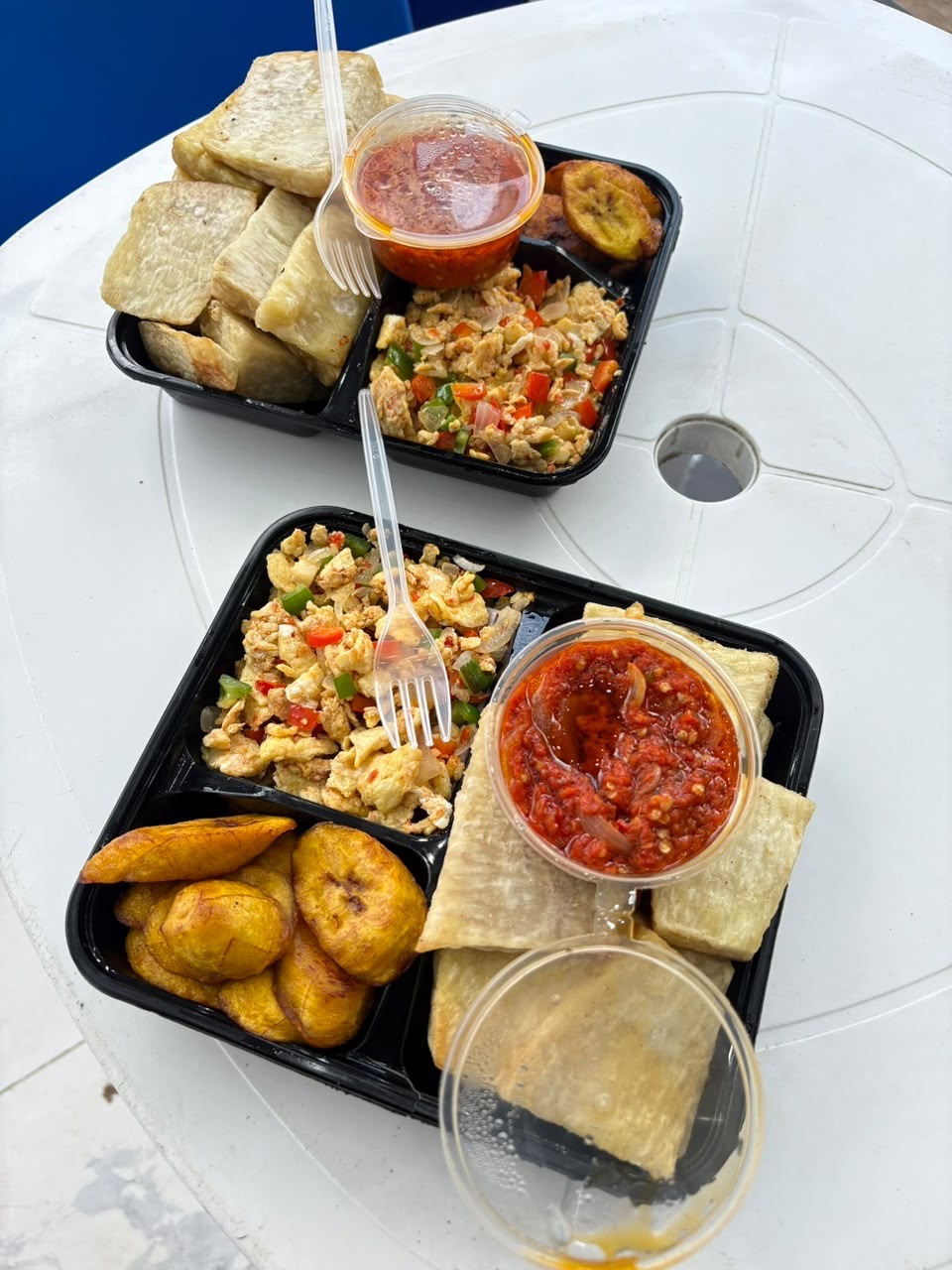 Fried Yam, Fried Egg, Plantain and Pepper Sauce