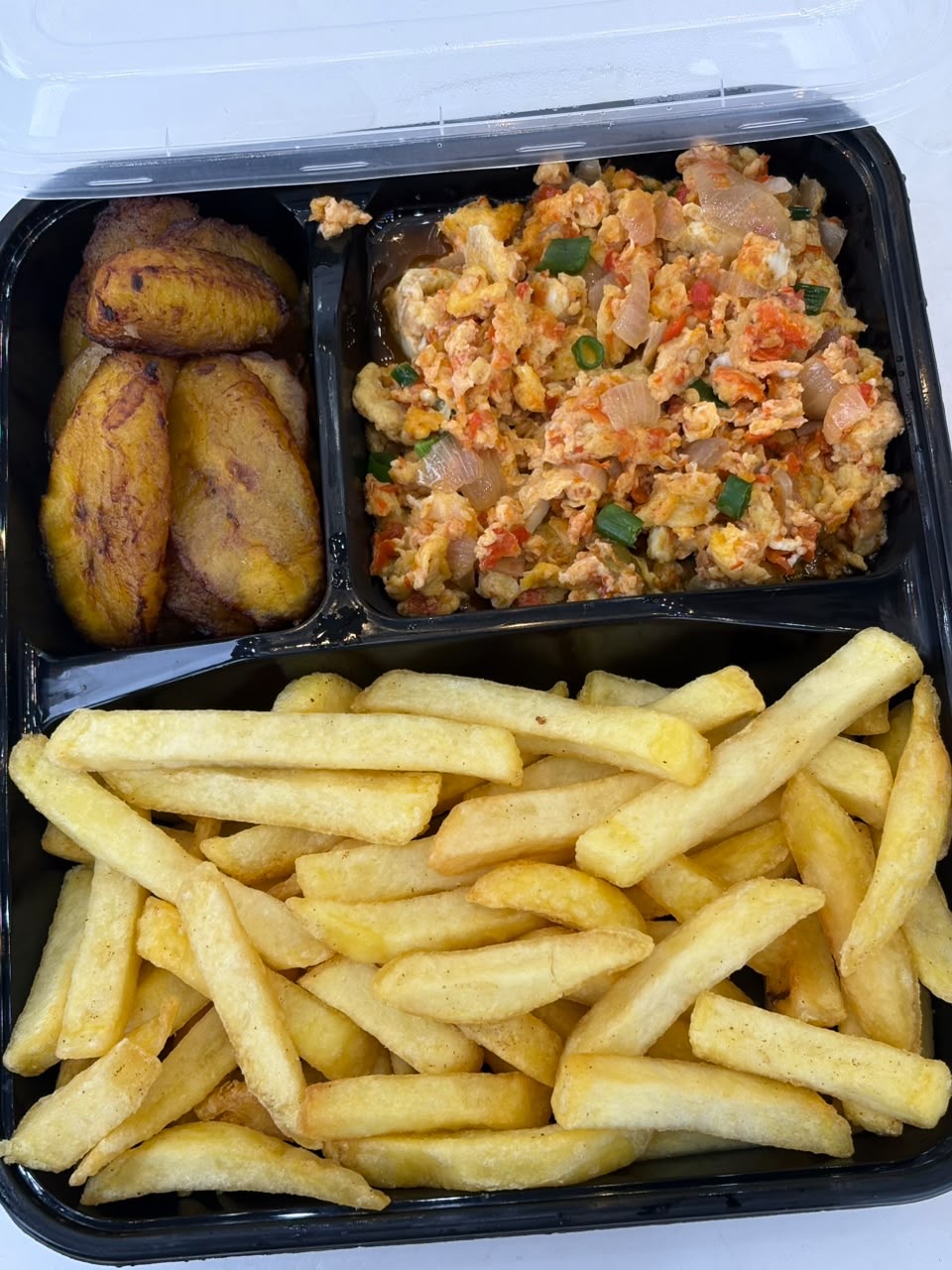 Irish Fries, Fried Egg, Plantain and Pepper Sauce